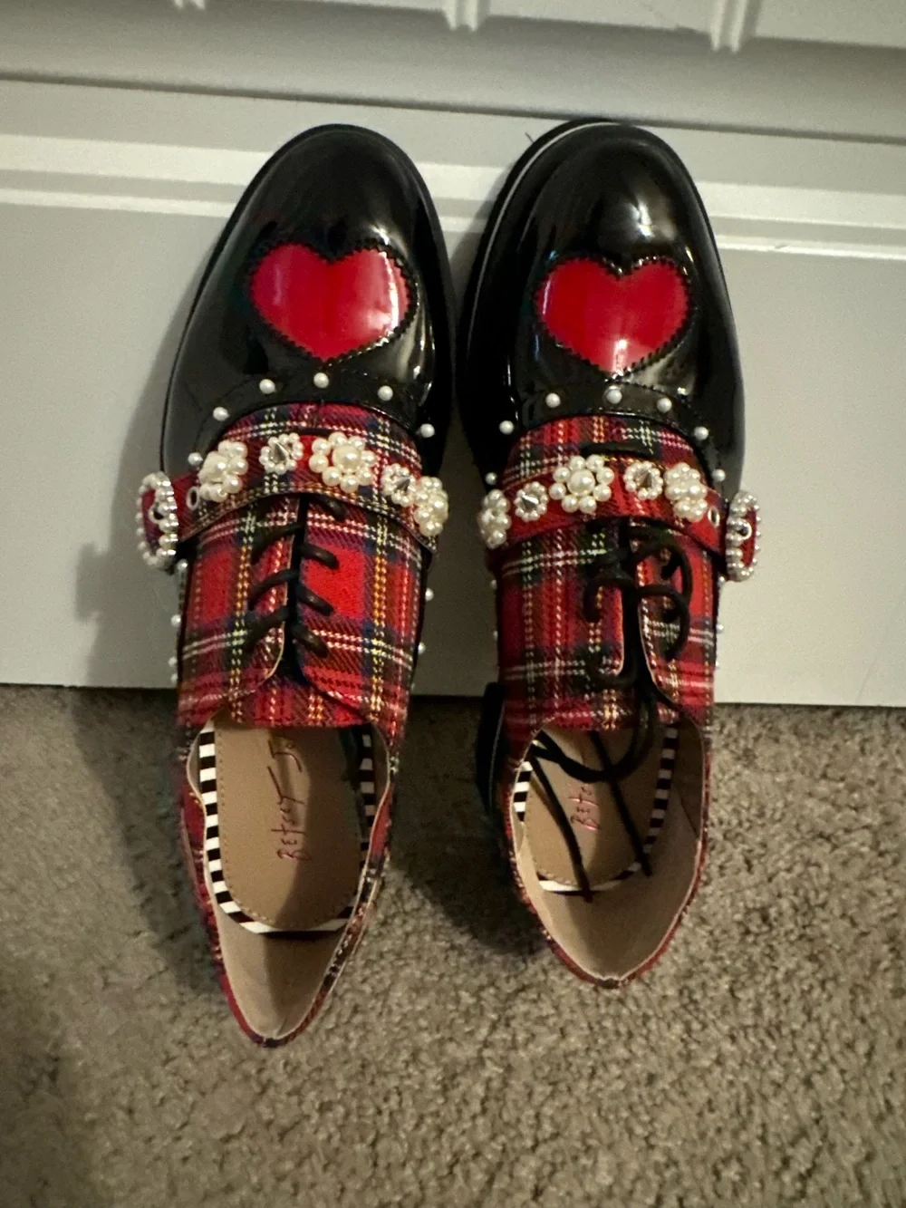 Cool Betsey Johnson size 7.5 red plaid lace up embellished Simonee shoes new